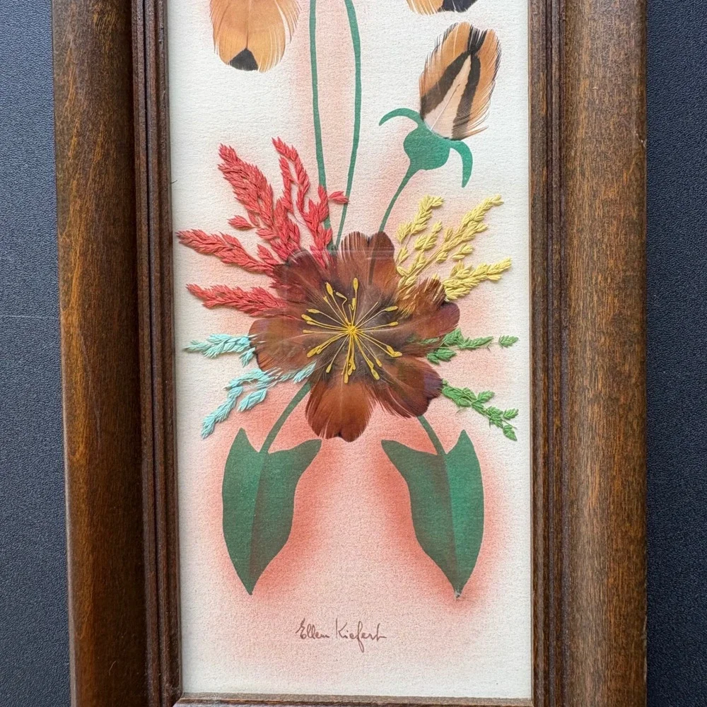 Vintage Ellen Kiefert Prairie Pictures Feather Art Floral Framed Set of 2 MCM